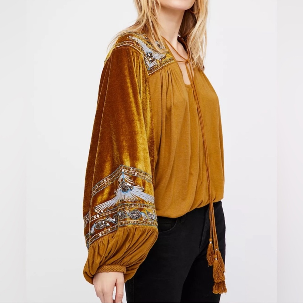 Free People Hearts Aflame Velvet Mustard Blouse